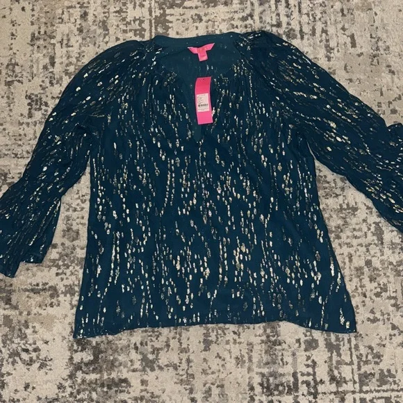 Lilly Pulitzer Matilda Top in Inky Tidal - Teal Blue Metallic Dot Peasant Blouse - Picture 5 of 6